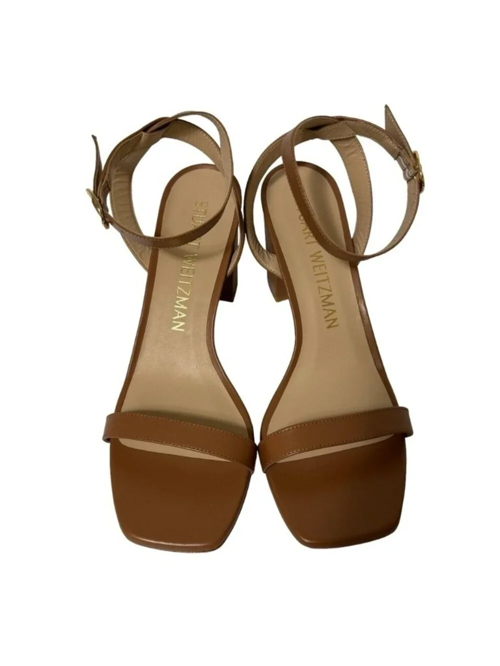 Stuart Weitzman Nearlybare Sandals-Sz 10-Tan Brown Block Heel Leather NEW IN BOX